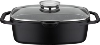GSW Universalbräter Gourmet Granit – hochwertiger Bräter mit Deckel, ideal zum Schmoren, Grillen und Braten, auch für Induktion und Backofen – Schwarz, Aluguss, 6 Liter