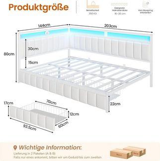 MSMASK Polsterbett Schlafsofa mit 2 Schubladen und USB-Ladestation, Betten mit LED-Beleuchtung & Lattenrost aus Metall, ohne Matratze