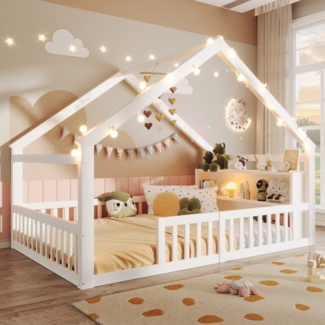 Kinderbett, Flachbett mit Gitter & Hausleiste, Kiefernholz, Weiß, 140 × 190 cm