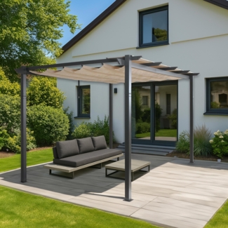Aluminium Pergola HWC-N93, Gartenpavillon Pavillon Garten, stabiles 8cm-Gestell Schiebedach UV50+ 3x4m ~ creme-beige