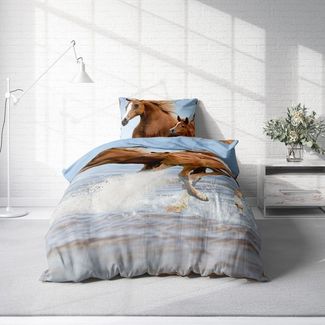 One Home Bettwäsche Fotodruck, Mikrofaser, 4 teilig, Pferde Kinder Mädchen Tiere, Knitterfrei Weich für Sommer und Winter