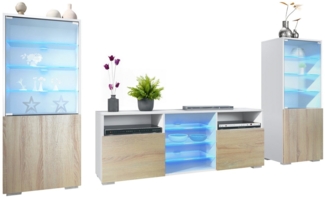 Vladon Wohnwand Granada, (Anbauwand, bestehend aus 2 Vitrinen, 1 TV-Board und LED-Beleuchtung), Weiß matt/Eiche sägerau (286 x 122,5 x 35 cm)