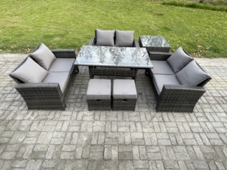 Fimous Polyrattan Gartenmöbel-Sets mit Länglicher Esstisch Doppelsitzsofa Beistelltisch 2 kleine Fußhockern Dunkelgrau gemischt