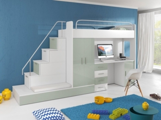 Luxusbetten24 Hochbett Kinderhochbett Adventure mit Schreibtisch, Kleiderschrank und Staufächern