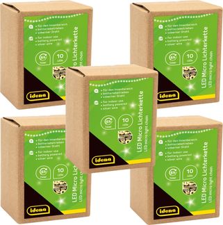 Idena 31114-5 - LED Micro Lichterkette mit 10 LEDs in Warmweiß, 5 Stück, 6 Stunden Timer Funktion, batteriebetrieben, je 1,2 m lang, Deko für Innen, zum Basteln, als Party Deko, Weihnachtsdeko