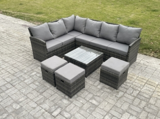 Fimous 9 Sitzer Rattan Gartenmöbel Set Ecksofa Set aus Polyrattan mit Quadratischer Couchtisch 3 Fußhockern Dunkelgrau gemischt