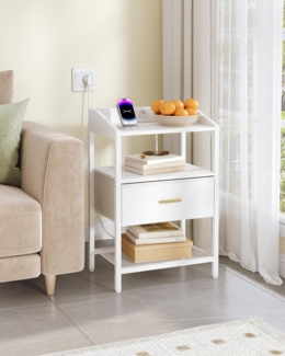 Nachttisch 2er Set, Beistelltisch mit Steckdose, Nachttische mit 1 Stoffschublade und Offenes Fach, fr Schlafzimmer, Wohnzimmer, 30 x 40 x 66 cm Wei?