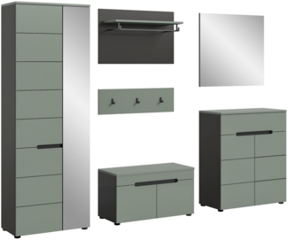 xonox. home Garderoben-Set, (5tlg. Set inkl. Garderobenschrank, Sitzbank, Paneel, Schuhkommode), Smoke Green Melamin beschichtet modern 255x190x37 cm