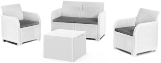 Dmora Loungeset für draußen Barrhead, Outdoor-Lounge mit Couchtisch, Terrassenset mit Kissen, Gartenkomposition mit Sofa und Sesseln, 113x65 h74 cm, Weiß