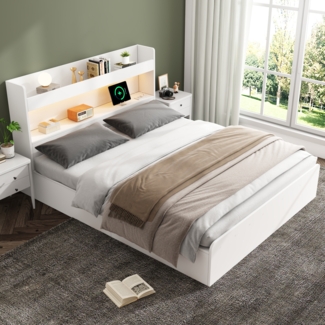 Merax Stauraumbett 140*200cm, Doppelbett, Massivholzbett, mit USB-Anschluss und Steckdose, mit LED-Beleuchtung, per Handy-App steuerbar, mit Schubladenaufbewahrung, mit Stauraum, ohne Matratze, weiß