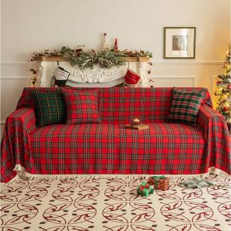 BTTO Sofahusse Sofabezug,Sofadecke Bezug,Sofa überwurfdecke mit Quasten, Couchschutz Weihnachten kariert,Weich Wohndecke