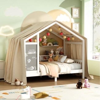 Gdood Kinderbett Hausbett Massivholzbett Jugendbett (1-tlg, Holzrahmen Inkl. Rausfallschutz und Lattenrost), holzBett mit Tafel, Nachttisch, 90x200 cm