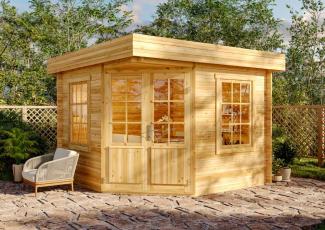 Alpholz 5-Eck Gartenhaus Modell Monica-28 mit Flachdach Gartenhaus aus Holz in Braun Holzhaus mit 28 mm Wandstärke Blockbohlenhaus mit Montagematerial