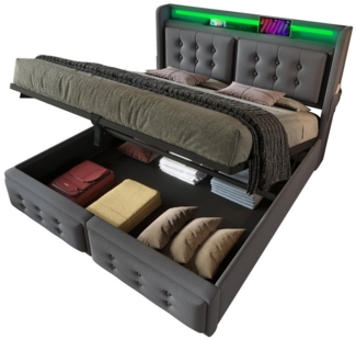 TavilaEcon Boxspringbett Doppelbett mit Led-Kopfteil und USB Typ C Ladefunktion (Ohne Matratze), Hydraulisches Bett mit Lattenrost aus Holz und Metallrahmen, grau