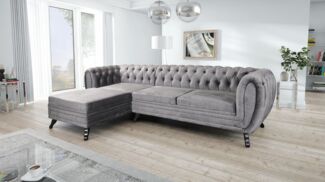 Edles Chesterfield Ecksofa Velours grau Couch Polstersofa Wohnlandschaft Sofa