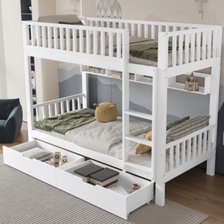 Etagenbett 90x200 cm für Kinder, teilbar in 2 Einzelbetten, mit Leiter, Regalfächern und Schubladen, Kiefernholz, Weiß