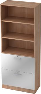 bümö office Aktenschrank mit Hängeregister-Schubladen abschließbar, Büroschrank Holz, 80cm breit in Nussbaum/Silber - Hängeregistratur für Hängeordner, Büro Schrank mit Relinggriffen, 7300-N-S-RE