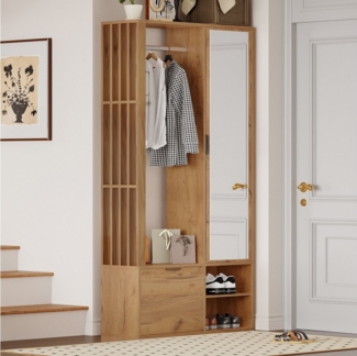 Merax Garderoben-Set 6-in-1 Garderobenschrank in Holzoptik Eingangsbereich-Schrank, (platzsparender Eingangsbereich-Schrank aus Spanplatte, 1-St, 100x33x190 cm), Flurschrank mit Spiegel, Kleiderstange, 9 Stauraumfächern & Klapptür