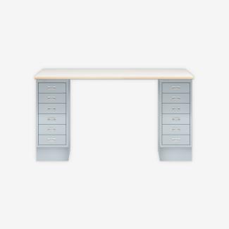 MultiDesk, 2 MultiDrawer mit 6 Schüben, Dekor Plywood, Farbe Lichtgrau, Maße: H 740 x B 1400 x T 600 mm