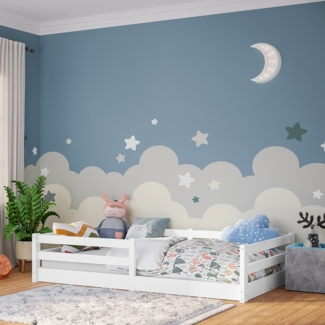Bellabino 'Iskri' Bodenbett 120x200 cm, weiß, Massivholz Kiefer, Montessori Kinderbett mit Rausfallschutz und Lattenrost