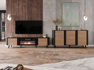 Wohnzimmer-Set Volkiro I Kommode, TV-Lowboard (Farbe: Schwarz / Nuss)