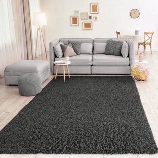 VIMODA Prime Shaggy Teppich Farbe Anthrazit Hochflor Langflor Teppiche Modern, Maße:Ø 120 cm Rund