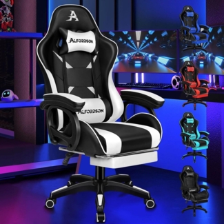 Gamingstuhl Bürostuhl 2-Punkt-Massage Fußstütze Weiß PU-Leder