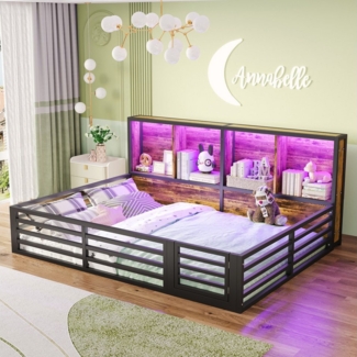 Ulife Kinderbett Zaunbett Bodenbett Metallbett 140x200cm mit LED Ablagefächer Geländer (Ohne Matratze), Daybett, Plattform,Bettseite mit Staufach, Brüstung, Metall