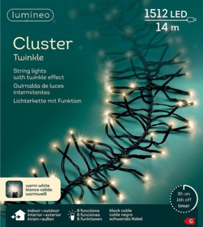 Lumineo LED-Lichterkette Lumineo Lichterkette CLUSTER TWINKLE 1512 LED 14 m warm weiß, schwarz, Indoor/Outdoor, 8 Effekte, 8h-Timer, + 5 Meter Zuleitung