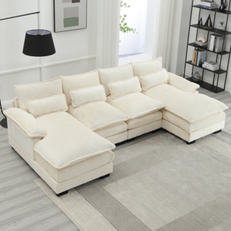 KLAM HOME Sofa Modernes U-förmiges 4-Sitzer Sofa mit Lendenkissen und Holzstruktur, modulares 4-Sitzer-Sofa geeignet für Wohnzimmer, Schlafzimmer, Wohnung
