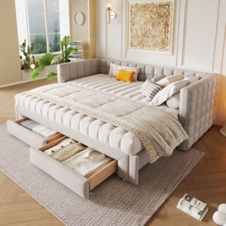 Merax Daybett, Tagesbett, 90 x 200cm, Sofabett mit quadratischer Rückenlehne, ausziehbares Bett (ausziehbar auf 180 Queensize), 2 Schubladen, ohne Matratze, Samt, Beige