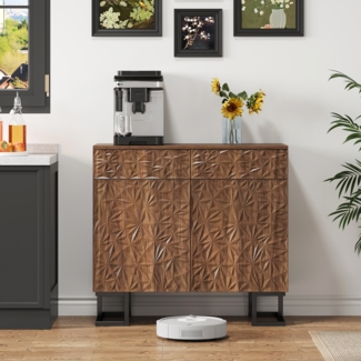 Sideboard 80x40x78 cm "Blattpoesie" in dunkler Walnussoptik mit Blätterrelief, 2 Schubladen und 2 Türen