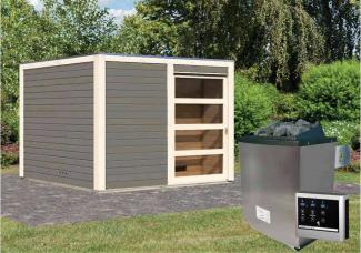 Karibu Sauna Cuben Terragrau +9 kW Saunaofen mit ext. Steuerung Easy