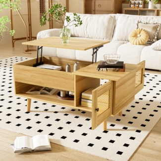 Eleganter Couchtisch mit anhebbarer Tischplatte und Rattan-Tren, Holzfarbe mit schwarzen Akzenten, ideal fr das Wohnzimmer C Praktischer Stauraum und funktionales Design