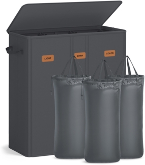 SONGMICS Wäschekorb mit 3 Fächern, 160 L, mit Deckel, 5 Etiketten, herausnehmbarer und waschbarer Innensack, Waschküche Schlafzimmer, dunkelgrau