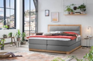 Belanoti Boxspringbett Age (Boxspringbett 180x200 Eiche 7-Zonen Taschenfederkern Matratze, inkl Visco Topper Bett 180x200 in der Farbe Grau H2/H3 Polsterbett), Hotelbett mit Massivholz Eiche Massivholzbett
