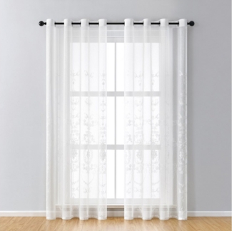 Qelus Gardine 2er Set Bestickt Sheer Voile Vorhänge mit ösen Wohnzimmer Modern, Blumen Durchsichtig Gardinen