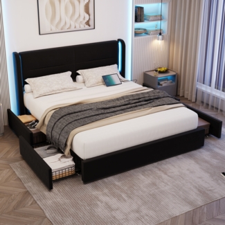 Polsterbett mit LED-Beleuchtung und 4 Schubladen 140x200 cm mit Kopfteil, USB-Dual-Anschlüssen,Schwarz,inklusive Taschenfederkern