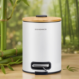 SONGMICS Mülleimer Bad 3 Liter, Kosmetikeimer mit Bambusdeckel aus Bambus, Tretmülleimer für Badezimmer, weiß