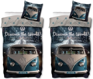 SkyBrands Bettwäsche VW Bulli - Partner-Bettwäsche mit Wendemotiv, Bus T1, 135x200 & 80x80, Baumwolle, 100% Baumwolle