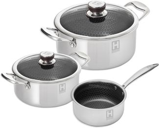 HENSSLERS Topf-Set, Edelstahl (Set, 5-tlg, 1 Universaltopf Ø 20 cm und Ø 24 cm mit Deckel, 1 Stieltopf 2,2 l), Mehrschichtmaterial für hohe Beständigkeit und Kratzfestigkeit