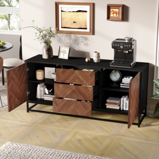 Merax Sideboard Wohnzimmerschrank, Kommode mit 3 Schubladen,2 Schranktüren, Breite 145 cm, Beistellschrank mit Metallrahmen, mit Verstellbare Trennwände, Holzfarbe + Schwarz