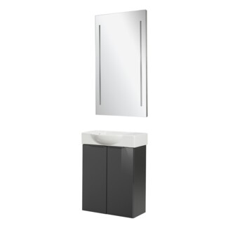Fackelmann SBC LUNA Gäste WC Set 3-teilig 55 cm, Anthrazit, Keramik Hahnloch links + LED Spiegel