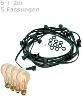 ILLU-Lichterkette BLACKY - 5m - 5 x E27 - IP44 - warmweiße EDISON LED Filamentlampen - SATISFIRE