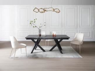 Vente-unique - Esstisch ausziehbar - 8 bis 12 Personen - Sicherheitsglas & Keramik - Marmor-Optik Schwarz - MARISO