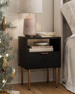 Moderne Nachtkommode mit offenem Regal und Schublade, Schwarz/Gold