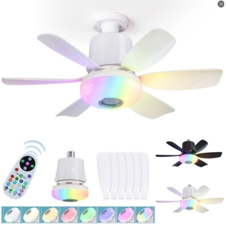 QUBEBU Deckenleuchte RGB Deckenventilator mit Beleuchtung Licht Fernbedienung Musik-Player, LED fest integriert, RGB Farbwechsel (3000~6500K), 2000LM, mit Bluetooth Lautsprecher, Timer Funktion, 6 Flügeln, für Wohnzimmer Schlafzimmer Küche Hotel.