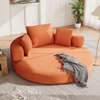 LVHOM Schlafsofa mit 3 Kissen, Klappsofa mit Schlaffunktion, Bodensofa, Schlafcouch aus Cordstoff, 2-Sitzer sofa Loungesofa, Rundsofa 173 x 176 x 60 cm, Orange