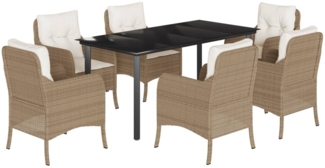vidaXL 7-tlg. Garten-Essgruppe mit Kissen Beige Poly Rattan 3211973