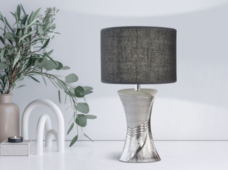 LED Tischlampe mit Keramikfuß Silber & Stoffschirm Leinen Grau, Höhe 44cm